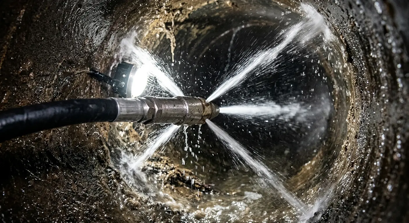 High-pressure hydro jetting nozzle cleaning sewer pipe for Trenchless Sewer Repair in Peoria Heights