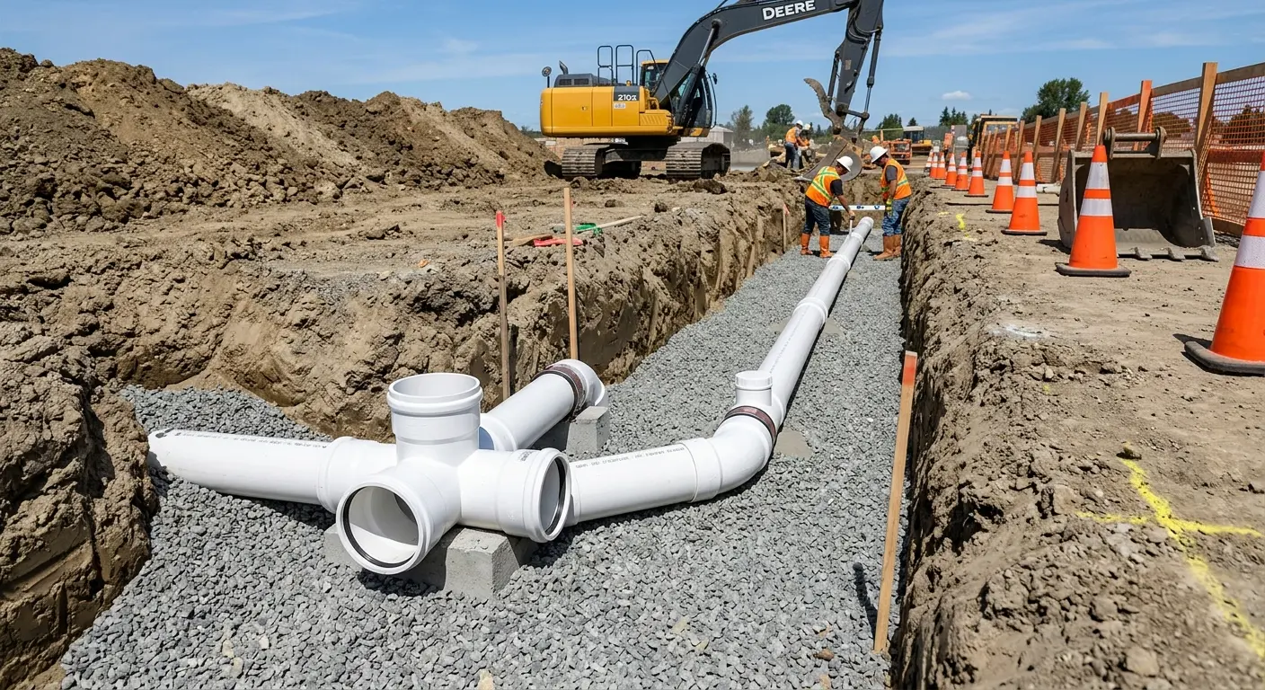New PVC sewer pipe installation in open trench for Grease Trap Cleaning in Peoria Heights