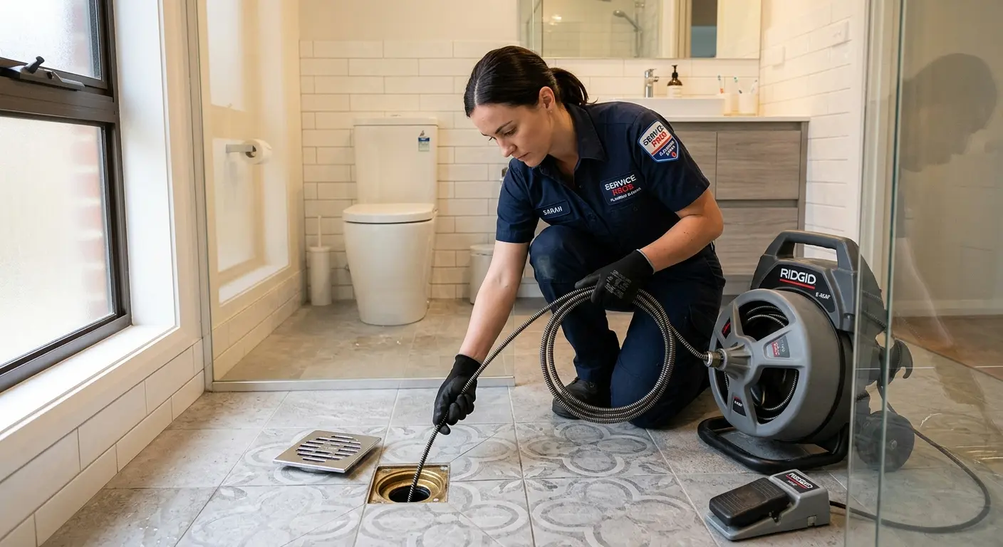 Technician clearing a bathroom floor drain for Sewer Line Replacement in Peoria Heights